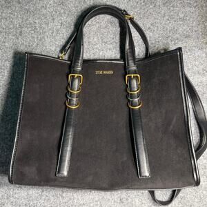 Steve‎ Madden Black Satchel Tote Bag Gold Hardware Leopard Print Cardholder